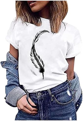 Тениска За Момичета С Къс Ръкав и Деколте Лодка Птица Графично Перо Честит Подарък Късна Закуска На Ден на Свети Валентин Блуза, Тениска за Жени AV
