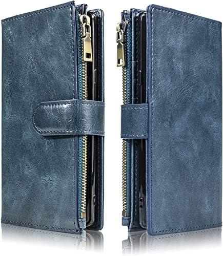 Чанта-портфейл DJDLFA за iPhone 14 Plus, Подвижна чанта-портфейл 2 в 1 от изкуствена кожа с цип джоб с отделения за карти, Магнитна закопчалка, Здрав калъф за телефон iPhone 14 Plus (Цвят: синьо)