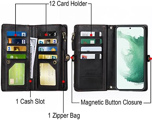 Чанта-портфейл DKDKSIP за Samsung Galaxy S22 с [RFID заключване], Защитен Портфейл от изкуствена кожа с цип, Сменяем Магнитен калъф 2 в 1 с каишка-гривната, държач за 12 карти, Черен