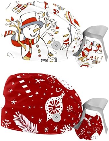 Коледни Шапки-Търкане с Дядо Коледа и Снеговиком, Женска Работна Шапка с Дълга Коса, Пуговица и Тренировочная Панделка, 2 броя, Унисекс, Шапки с Завязками Отзад