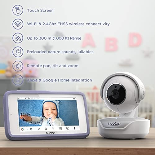 Умен Видеоняня Хъбъл Connected Nursery Pal Премиум-клас с 5-инчов сензорен екран, режима на поверителност, инфрачервено нощно виждане, двустранно разговор, сензор за стайна температура и приложение за смартфон
