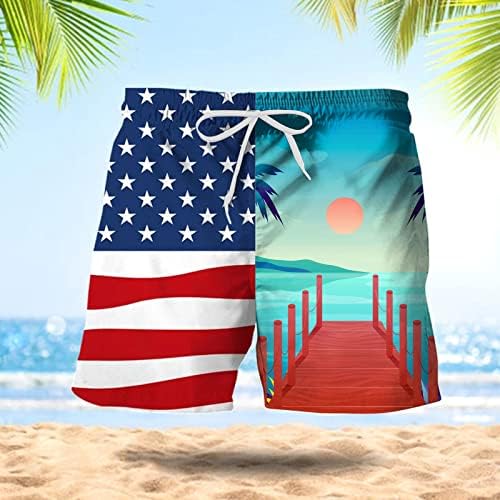 Плажни Бански за мъже, Големи Размери, Еластичен Колан, Панталони с Принтом Хартата на САЩ 4 юли, Забавни Спортни Плажни Къси Панталони
