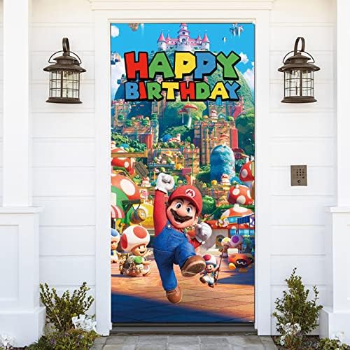 Супер Марио Тема честит Рожден Ден на Вратата Банер Приключенска игра Гъби и Златни Монети Фон за Деца честит Рожден Ден Десерт Плот Външен Врата Декор Банер Доставка на 72,8x35,4 инча