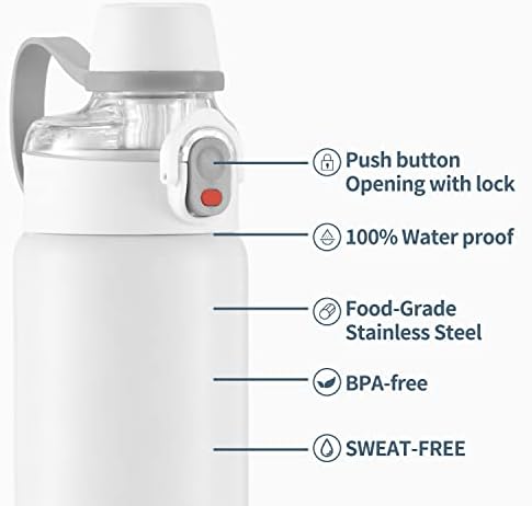 Случайна бутилка за вода FEWOO обем 24 грама с една капак за глътка от Бутилка за вода от неръждаема стомана с соломинкой, не съдържа BPA, се запазва на студено 24 часа топла и 12 часа (БЯЛА)¡
