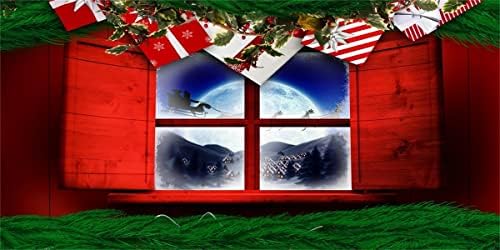 20X10ft Червен Коледен Дървена Фон За Снимки на Прозорци Червен Коледен Банер на Дядо Коледа, Елен Пълна Луна на Фона на Тревата Зелена Коледа Фон
