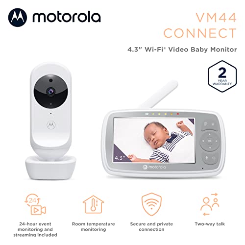 Motorola Baby Monitor VM44 - Видеоняня с Wi-Fi камера с 4,3-инчов екран с висока разделителна способност - се Свързва към заявлението за детска стая, обхват 1000 фута, двупосочен звук, Дистанционно преместване, промяна