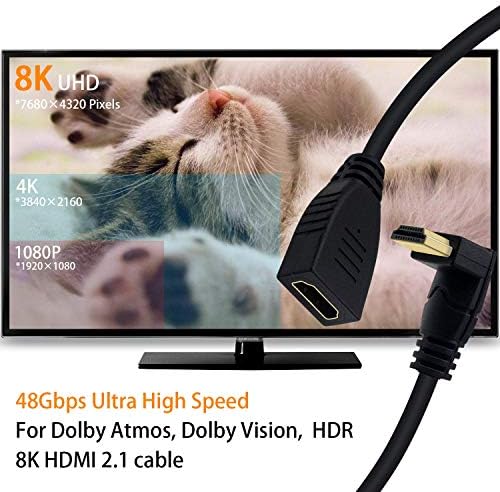 Удължител Poyiccot 8K HDMI Кабел HDMI 2.1 с наклон под ъгъл 90 градуса От мъжа към жената, Кабел HDMI 2.1 8K, висока скорост на 48 gbps, 8K, 60 Hz, 4K 120 Hz, удължител 3D Ultra HDR HDMI, 2 фута (M / F надолу)