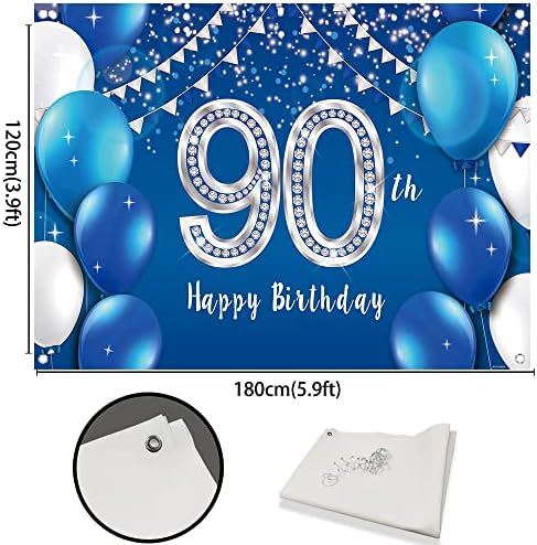 Bellicremas Бяло и Синьо за Фон на 90-ия рожден ден за Снимки на балони Син и Сребрист Фон на 90-Ия Рожден Ден на Деветдесет Жени, Мъже Торта Маса Фотобудка Банер с Мед Люверс