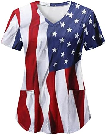 4 Юли, Потници за жени, Флаг на САЩ, Лятна Тениска с Къс Ръкав и V-образно деколте, 2 Джоба, Блузи, Празнична Ежедневни работни Дрехи
