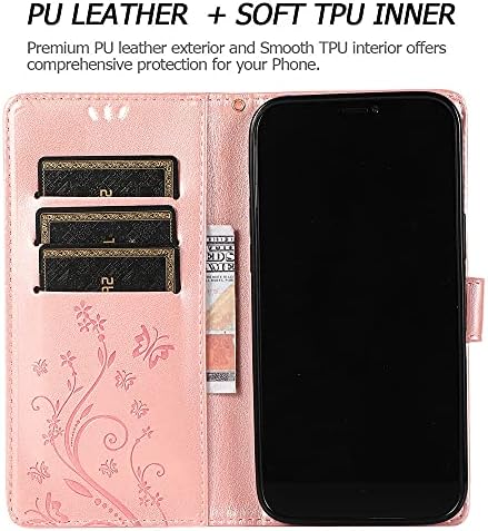 Калъф за телефон Felico, съвместим с iPhone 13, [функция на каботажните], чантата е от изкуствена кожа с цветя, пеперуди, магнитен [държач за карти], [Каишка за китката], защитен калъф, калъфи-книжки с кристали, розово