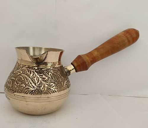 Sharvgun Златни Турски Гръцки на Арабски кана за Кафе Латунная Метална Tea Cezve Ibrik Briki с Дървена Дръжка (на Малката - 12 унции) С Гравирани Листа
