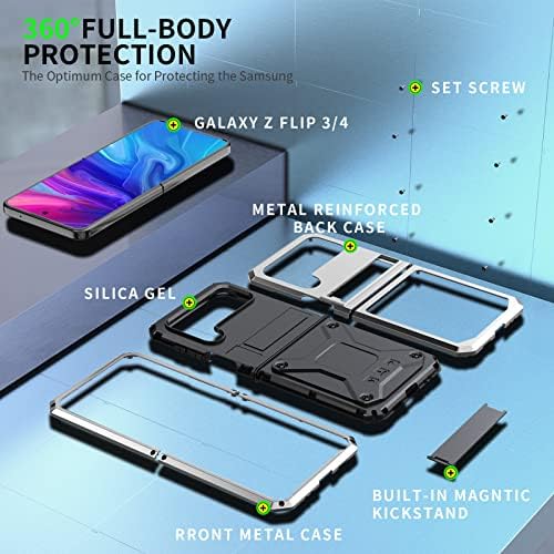 Калъф ANROD за Samsung Galaxy Z Flip 4 5 ГРАМА, през Целия Водоустойчив Удароустойчив Твърд калъф Алуминий Метален Военен Сверхпрочный Здрав Защитен калъф за Samsung Galaxy Z Flip 4 5G, със стойка (сребрист)