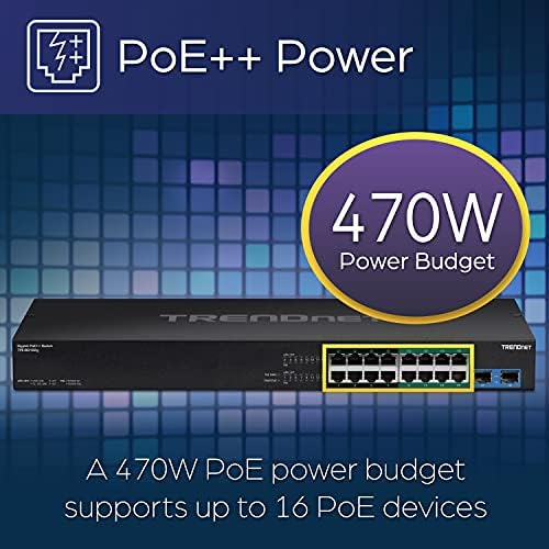 TRENDnet TPE-BG182g, 18-port gigabit switch PoE ++ капацитет 470 W с 8 порта PoE ++ капацитет от 95 W, 8 порта PoE+ мощност 30 W, 2 Гигабитови SFP слота, бюджетен вариант PoE мощност от 470 W, 1U 19 rack mount