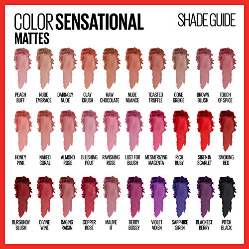 Червило Maybelline Color Sensational, За грим на устни, Мат, Хидратиращи червила, телесен цвят, Розово, Червено, Слива цвят на устните, Голи корал, 0,15 грама; (Опаковка може да варира)