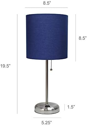 Limelights LT2024-Настолна лампа НСА с матирана стомана, дръжка, Настолна лампа с Розетка за зареждане и абажуром от Барабана тъкан, Тъмно син