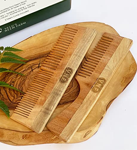 Дървена четка за коса за разнищване на косата Velu's Neem Farm Neem Антистатик е Екологично Чист Гребен с широки зъбци от естествено дърво Тях, за да се грижа за коса и стайлинг – Кафяв