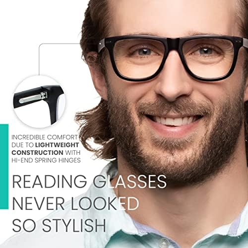 Очила за четене в черна солидна рамка със синьо осветление за мъже, за да изглежда модерно, с високо зрение - Големи и силни очила за четене за мъже - Удобни за всяка форма на лицето Очила със синьо осветление - 1,5