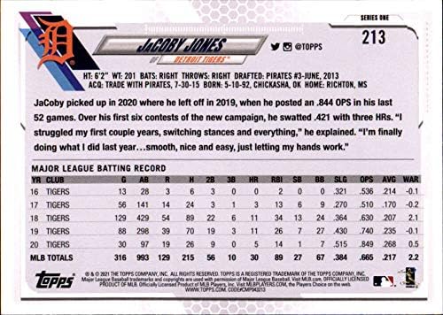 Бейзболна картичка 2021 Topps 213 Джейкоби Джоунс Детройт Тайгърс