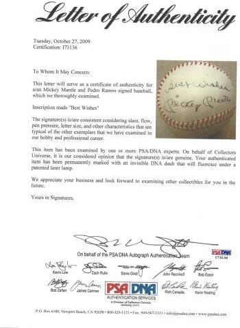 Мики Мэнтл и Педро Рамос С Автограф от Официалния представител на бейзбол Ню Йорк Янкис Ела Кронина с Винтажной подпис най-Добри пожелания PSA / DNA I73136 - Бейзболни топки с автографи