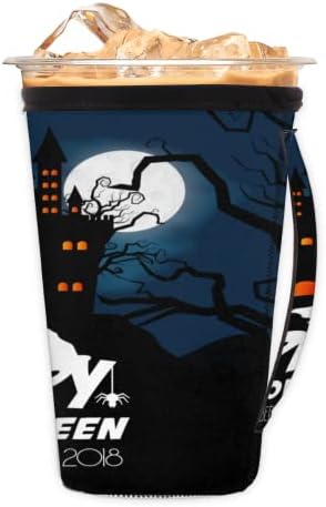 Happy Halloween Night Castle многократна употреба Кафе ръкав с лед с дръжка От неопрен за Напитки, кафе лате, Чай, Напитки, Бира (Голям 30-32 унция)