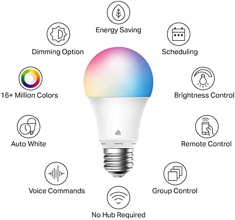 Нова умна лампа Kasa, Пълноцветен умна WiFi крушка с регулируема яркост, съвместима с Alexa и Google Home, A19, 9 W 800 лумена, само на 2,4 Ghz, концентратор не се изисква, 1 опаковка (KL125), многоцветен