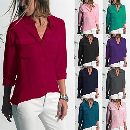 Дамски ежедневни риза с ревери, V-образно деколте, дълъг ръкав, свободна Ежедневна блуза с джобове и копчета отпред