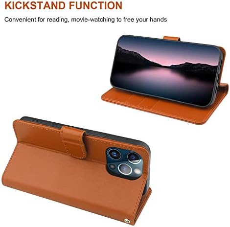 Чанта-портфейл ONETOP за iPhone 13 Pro с държач за карти, Стойка от естествена кожа с RFID заключване, Съвместима с безжична зареждане, Дълга Корица-Фолио с магнитна закопчалка и каишка за китката 6,1 инча (кафяв)