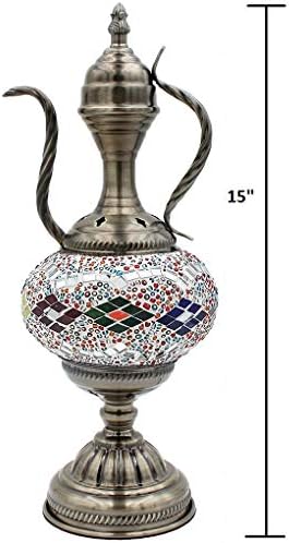 SILVERFEVER Мозайка Турски Чайник Лампа Мароканско Стъкло за Маса Нощно Шкафче Бронзова Основа Комплект с Крушки E12 (Натурална Вълна)