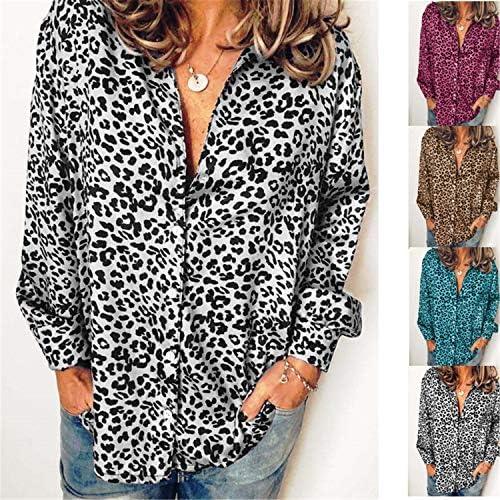 Andongnywell/ Дамски Ежедневни Блузи с V-образно деколте, Леопардовые Ризи с дълъг ръкав и Копчета, Основни Блузи, Удобни, Свободни Блузи