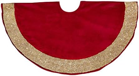 Червено Кадифе пола за Коледната елха със Златен Кант, Ръчно бродирани Мъниста - 60