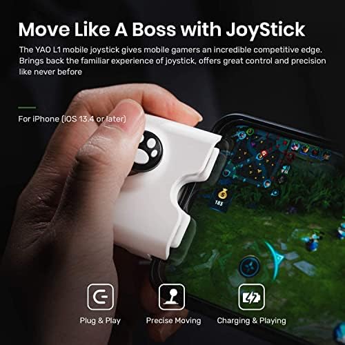 Джойстик за мобилен гейминг контролер за iPhone (iOS 13.4 или по-нова версия, за мобилни игри на iOS), джойстика, съвместим с повечето видео игри на пазара, популярна игра геймпад подарък на геймърите... (Бял)