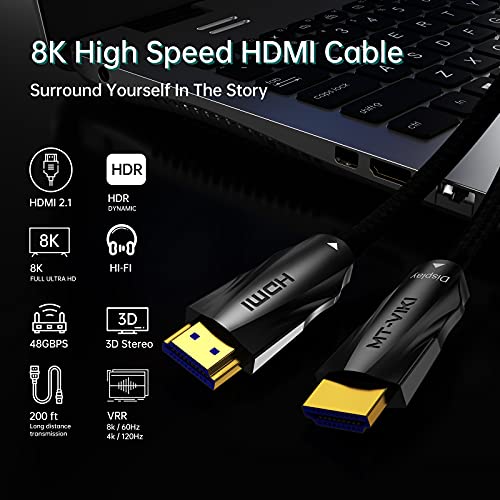MT-VAL 8K Оптичен Кабел HDMI 2.1 200 фута, Найлонов Кабел в оплетке Fiber HDMI 8K @ 60Hz с Ултра висока скорост 48 gbps 4:4:4 HDR/eARC за PS5 DVD