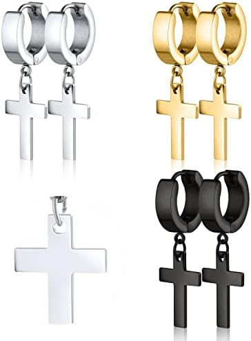 Aretes de cruz ал Hombre, 3 Чифта Обеци-кръстчета за мъже, Мъжки обеци-тик, Aretes para Mujer, обеци, Обеци от неръждаема стомана, Aritos de cruz Pendientes, Окачени, Черни, Сребърни, Златни обеци-халки, Висящи, плътно