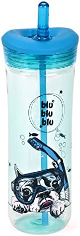 Бутилка за вода Q Me HAPPY DOGS BLUE BLU-BLU-BLU: Модерен прозрачен чаша от тритана тегло 25,4 унция с тематични домашни любимци и кучета, капак и вградена соломинкой за деца